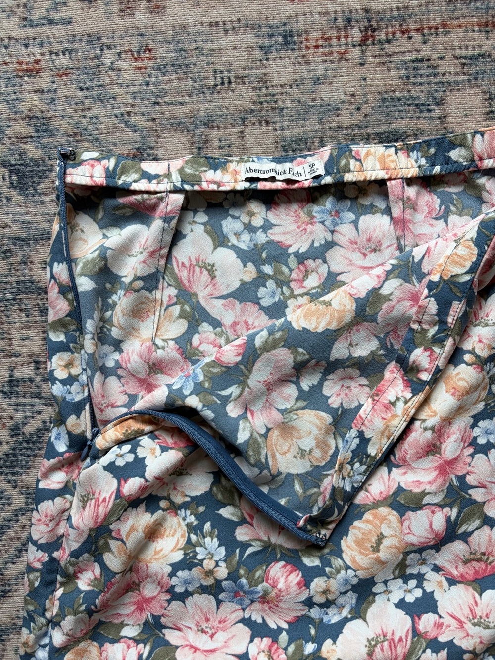 Abercrombie & Fitch Blue Floral Midi Skirt with Pink & Cream Blooms - Picture 6 of 8